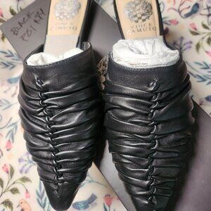 Vince Camuto Riteren Ruched Black Leather Pointed Toe Mules Women’s Size 6
